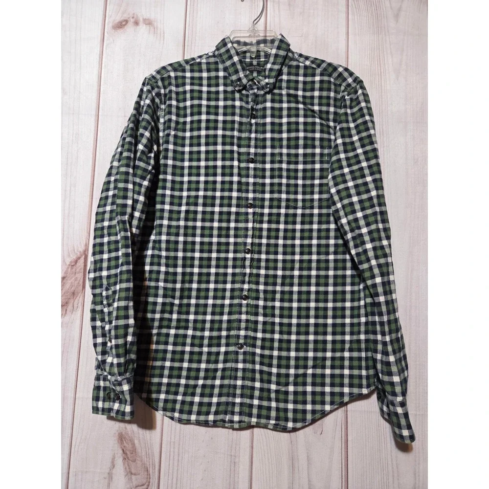 Banana Republic Luxe Flannel Grant Fit Button Down Shirt Men's Medium Green Navy